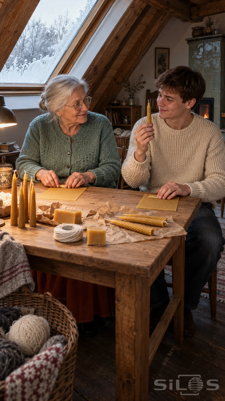 A grandmother and her adult grandson share a smile while rolling beeswax candles at a wooden craft table beneath a frosted skylight.