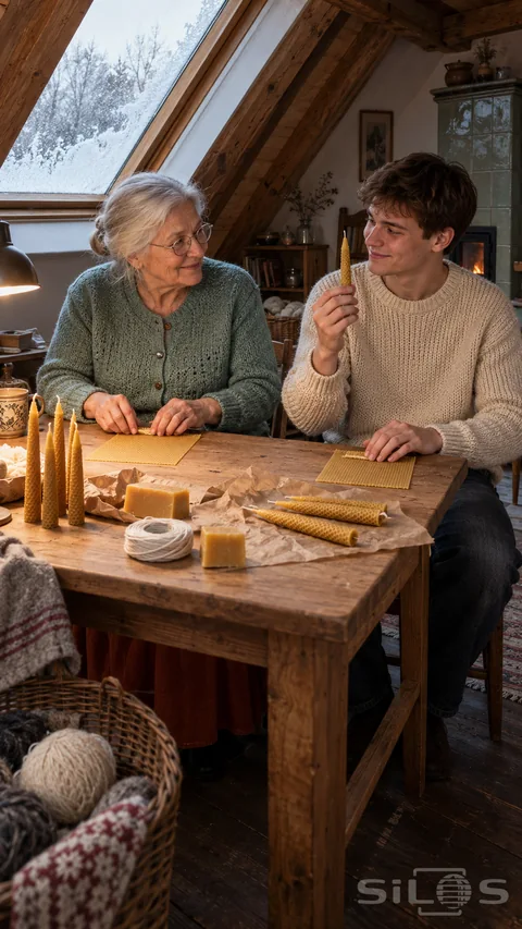 A grandmother and her adult grandson share a smile while rolling beeswax candles at a wooden craft table beneath a frosted skylight.