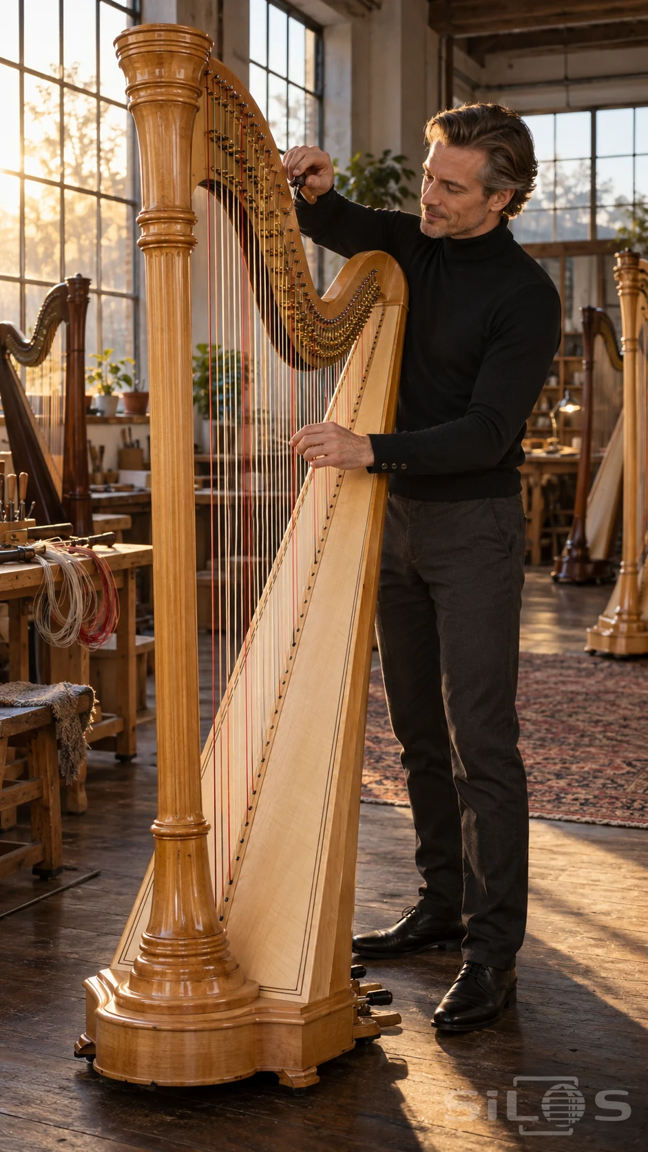 A man in a black sweater adjusts a harp tuning pin with one hand and touches the strings with the other.