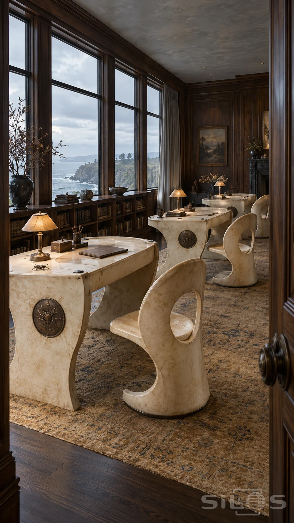Cream parchment desks with bronze insect medallions and circular-backed crescent chairs in a walnut room beside coastal windows.