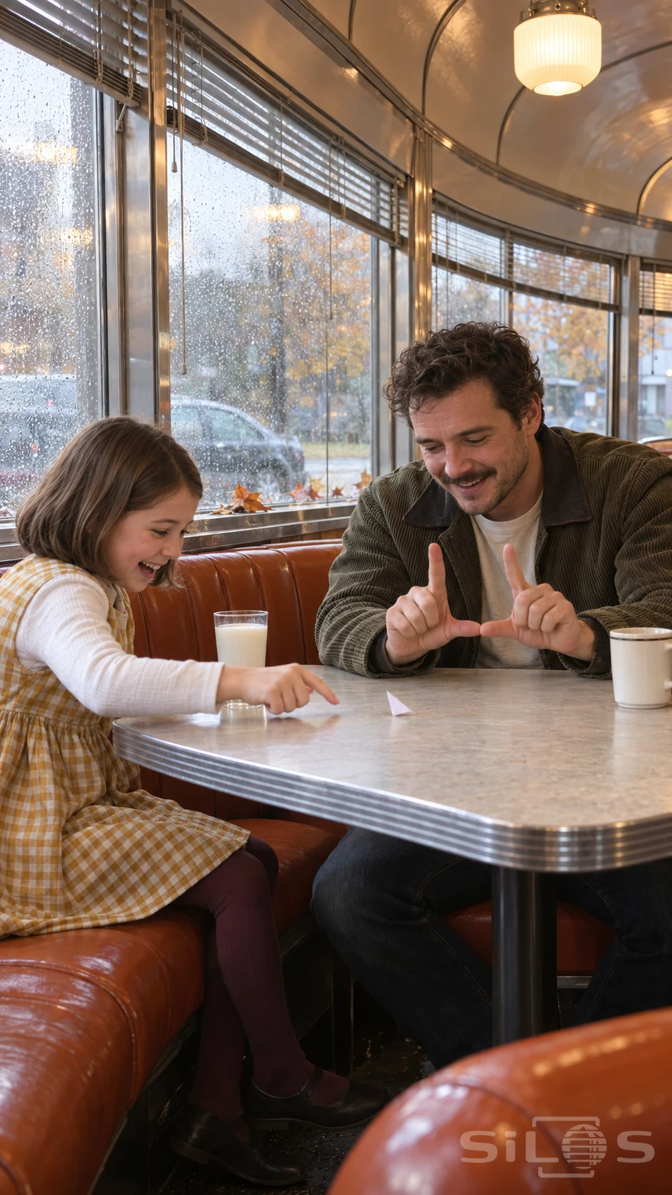 A father makes a finger goal as his daughter flicks a paper football across a diner table beside a rainy window.