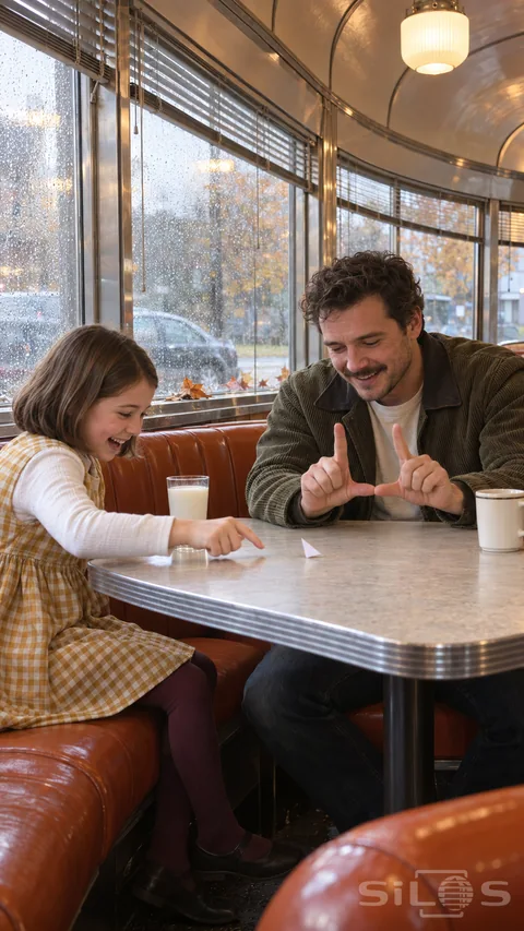 A father makes a finger goal as his daughter flicks a paper football across a diner table beside a rainy window.