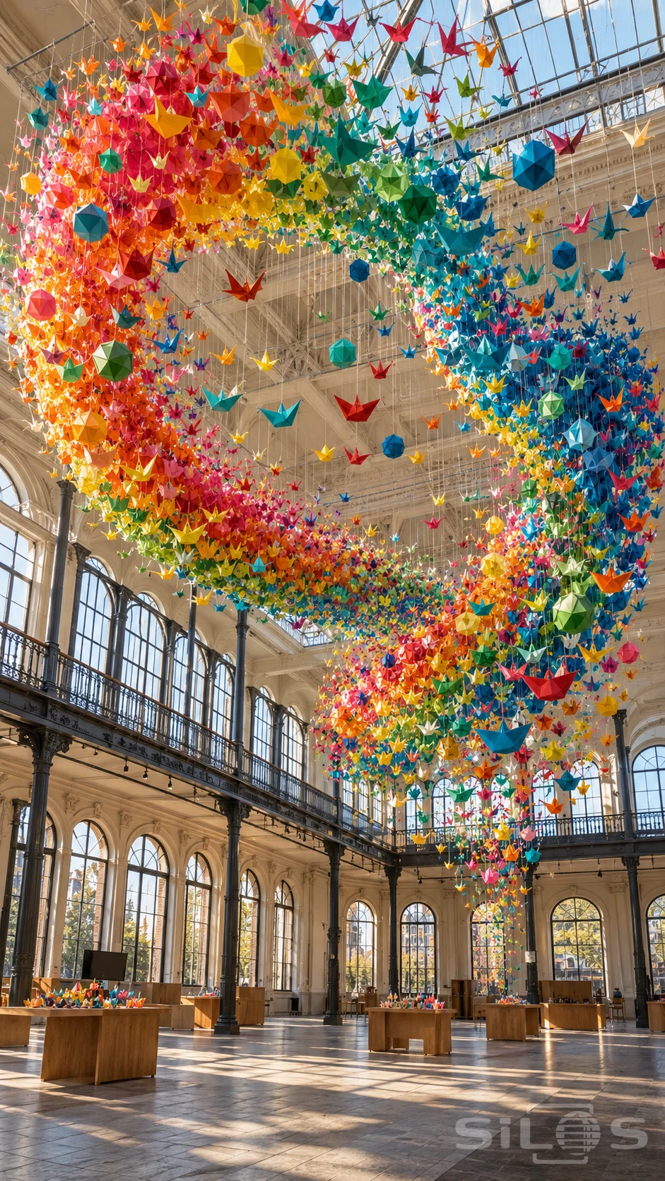 A vivid folded paper cloud of hanging birds and faceted shapes curls above display tables inside a grand hall with an iron balcony.