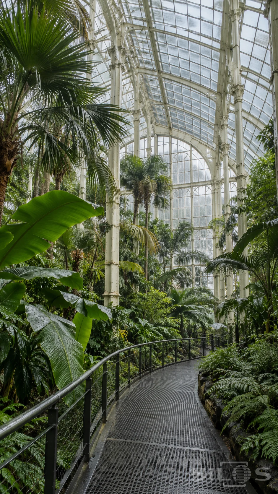 Tall palms and broad tropical leaves beneath a soaring white iron-and-glass roof beside an empty metal walkway.