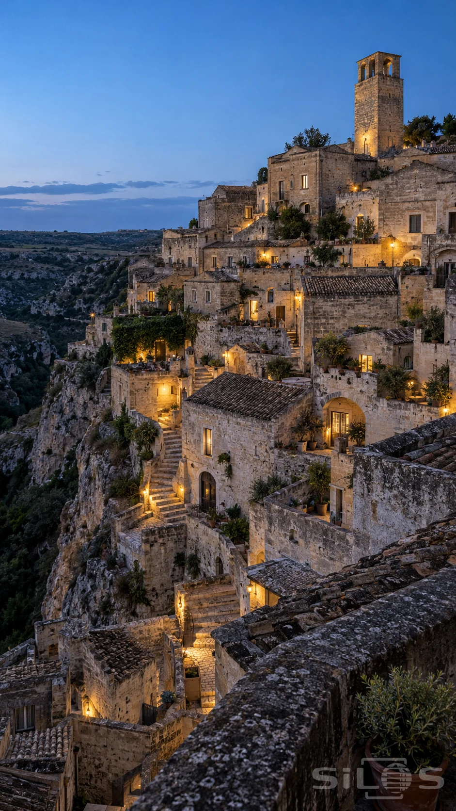 Layered limestone houses, terraces and exterior stairs glowing with warm lamps above a rocky ravine at blue hour.