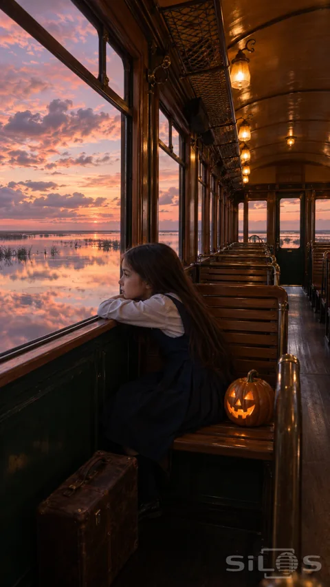 A girl in a navy pinafore rests her chin on her arms at a wooden tram window; with pink sky reflections and a pumpkin beside her.