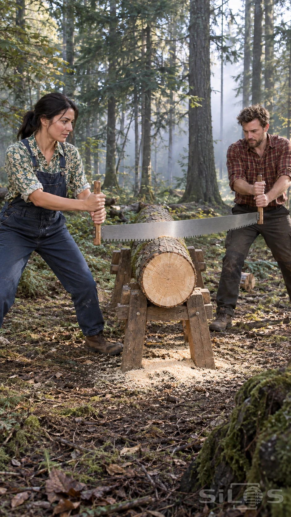 Two adult woodworkers hold the wooden end handles of a crosscut saw while cutting a supported log in a forest clearing.