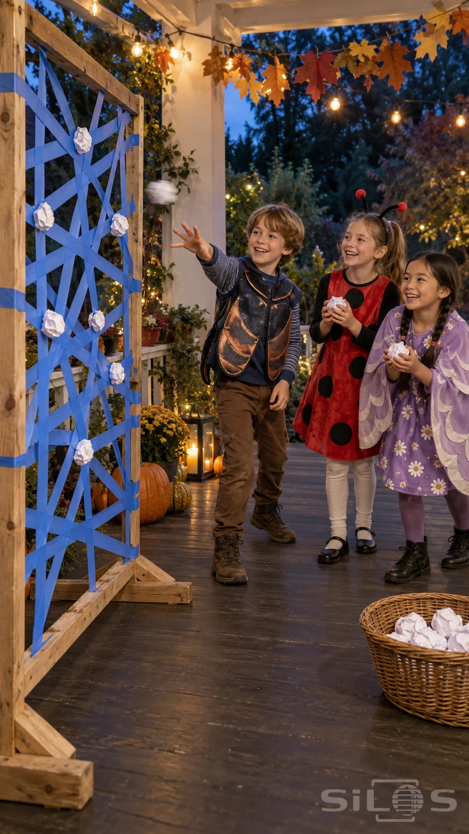 Three children in insect costumes toss paper balls at a sticky web game made from blue tape on a wooden porch frame.