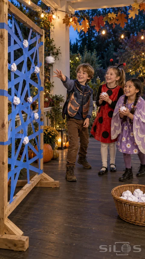 Three children in insect costumes toss paper balls at a sticky web game made from blue tape on a wooden porch frame.