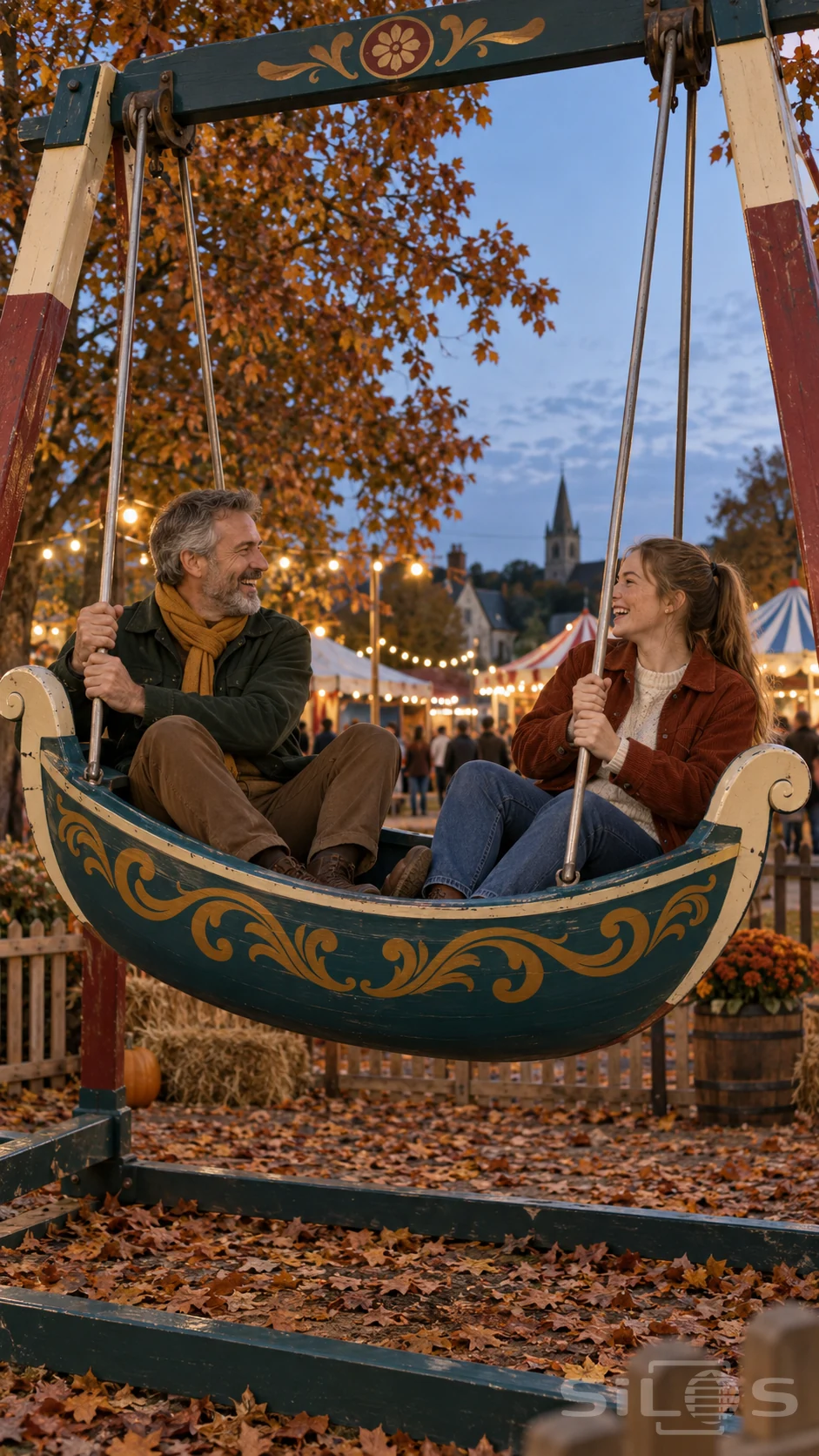 Swing boat laughter passes between a father and his adult daughter seated opposite each other in a teal fairground boat.