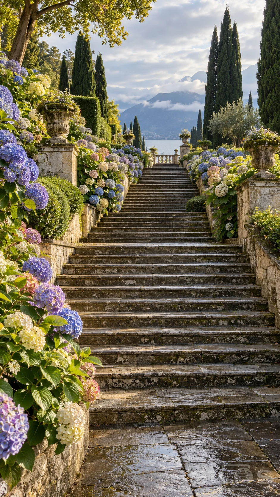 Broad wet stone stairs rise between lavender and ivory hydrangeas, old urns and cypress trees toward a distant lake.