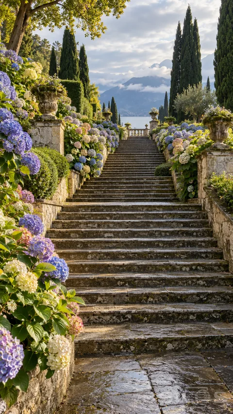 Broad wet stone stairs rise between lavender and ivory hydrangeas; old urns and cypress trees toward a distant lake.