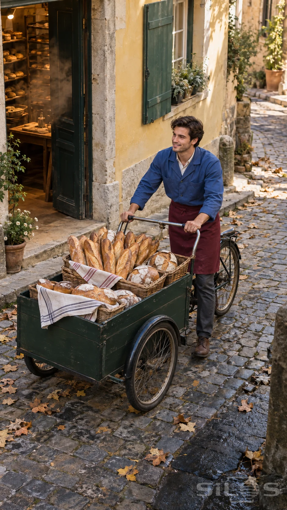 Bread cargo tricycle pushed by a baker in a blue jacket and burgundy apron past an open bakery on a cobbled street.