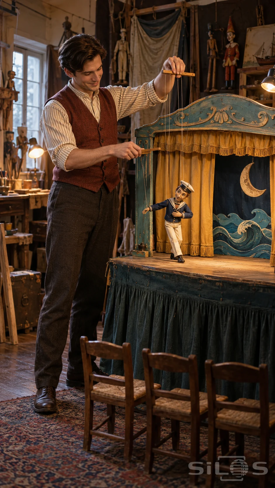 Marionette theatre with a puppeteer controlling a wooden puppet dressed as a sailor beside mustard curtains and painted waves.