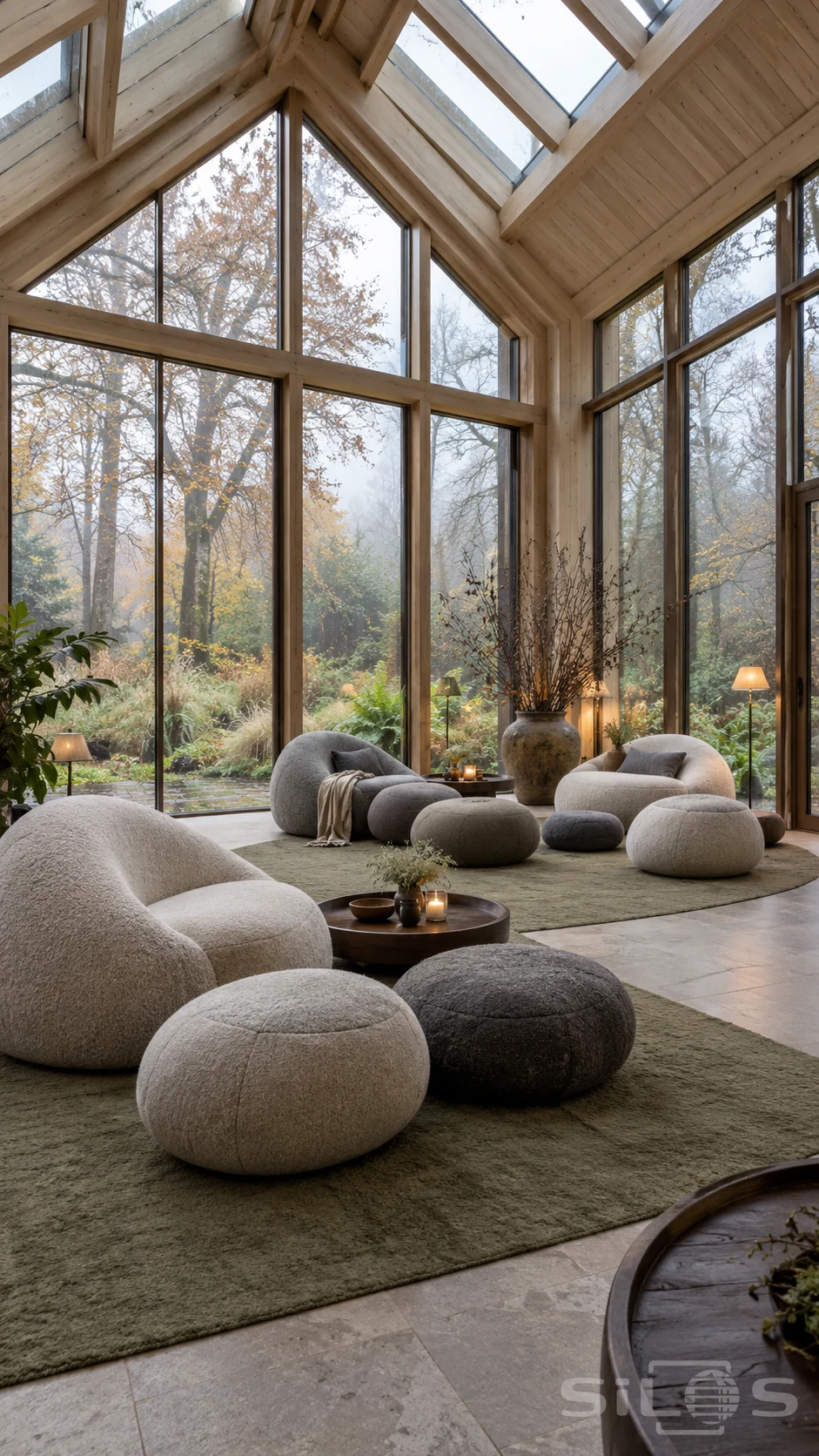 Rounded grey and ivory wool seats in a tall timber conservatory overlooking a misty autumn garden.