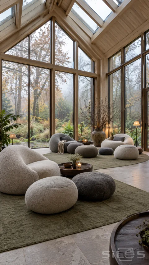Rounded grey and ivory wool seats in a tall timber conservatory overlooking a misty autumn garden.