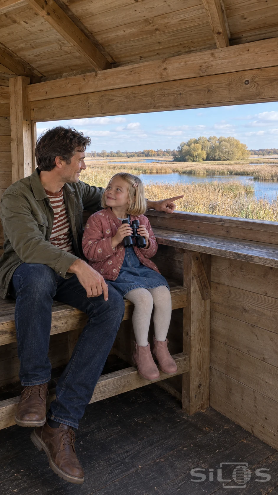 Bird hide discovery shared by a father and daughter holding compact binoculars beside an autumn wetland window.