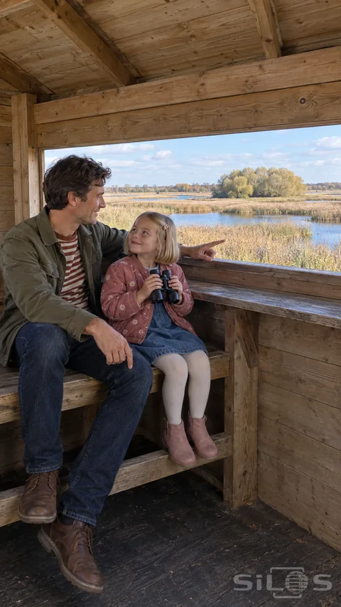 Bird hide discovery shared by a father and daughter holding compact binoculars beside an autumn wetland window.