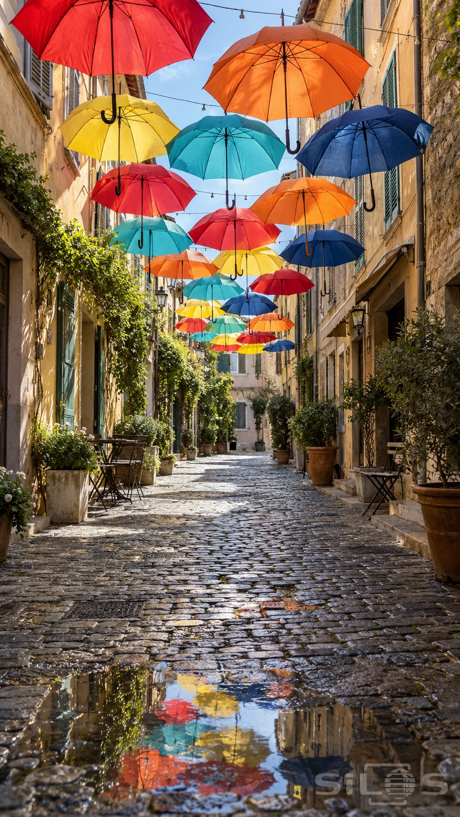Red and turquoise umbrellas hang over an empty summer lane between old plaster walls and reflect in wet cobbles.