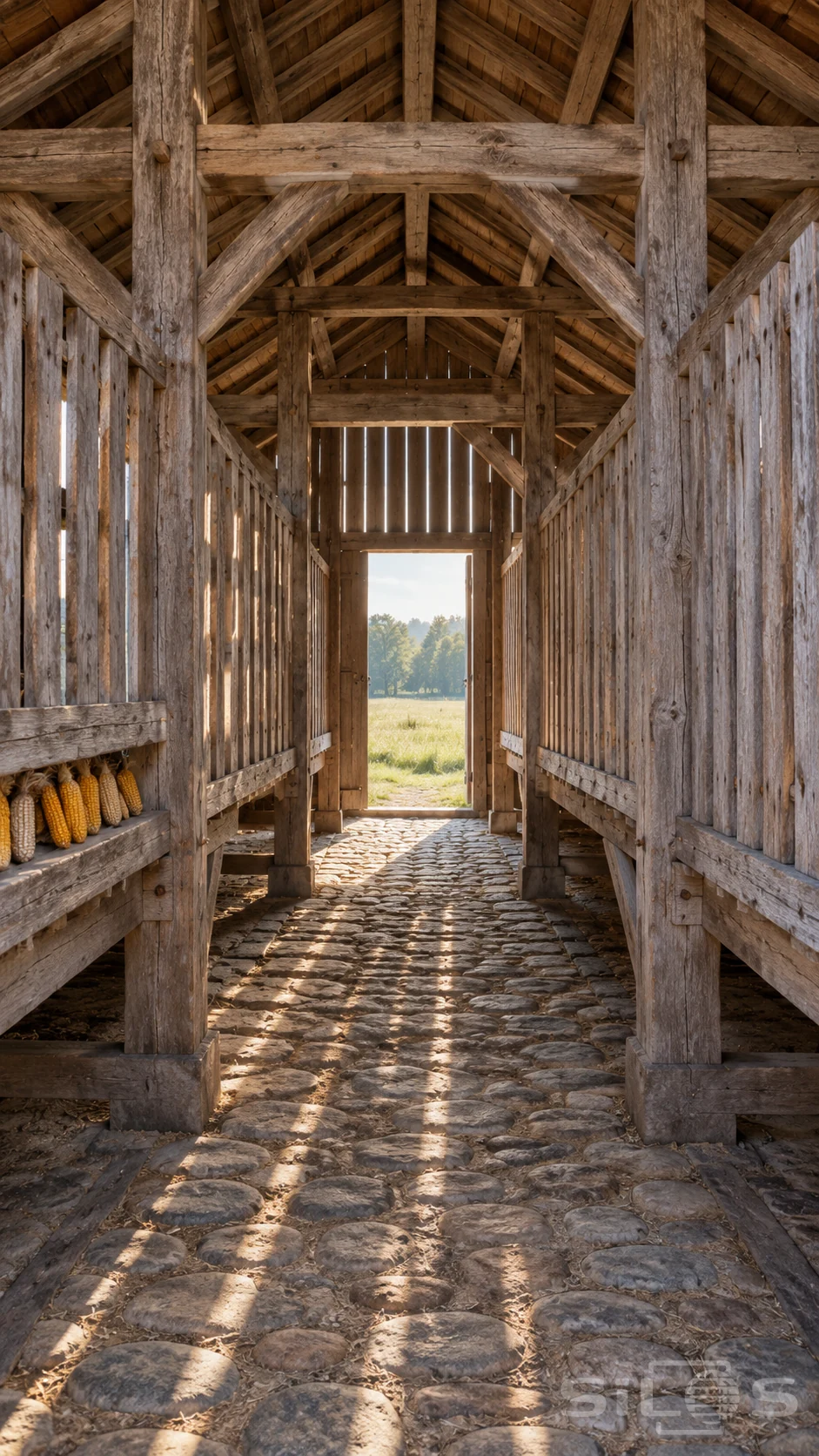 Corn crib passage with a weathered timber frame and slatted walls casting sunlight stripes over cobbles toward an open doorway.