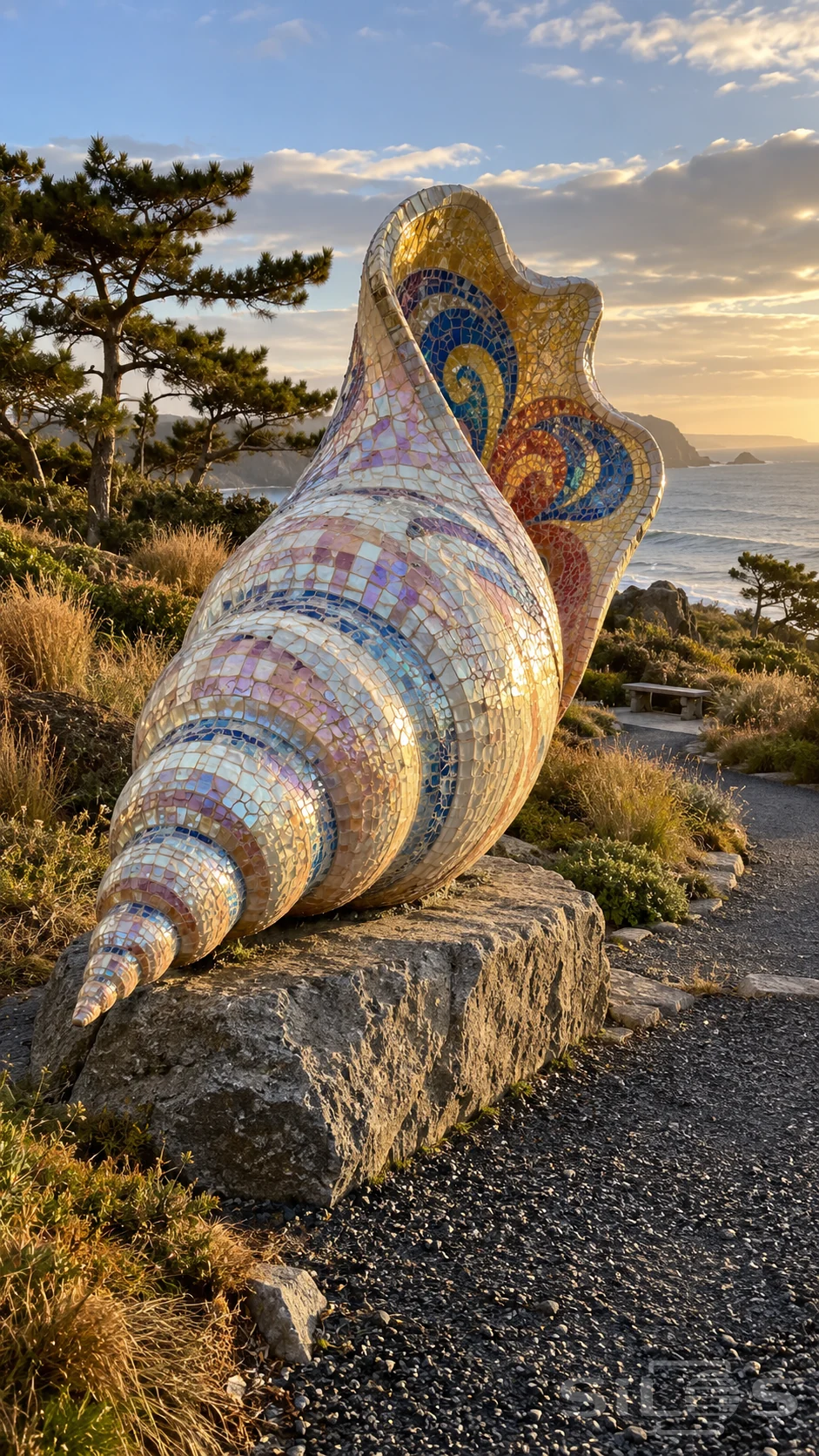 A giant spiral shell covered in pearly mosaic tiles rests on a stone base beside coastal grasses and a sea-facing garden path.