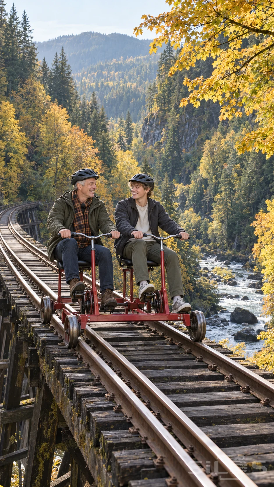 Father and son share rail bike laughter on a timber trestle above an autumn gorge with golden trees and a rocky river.