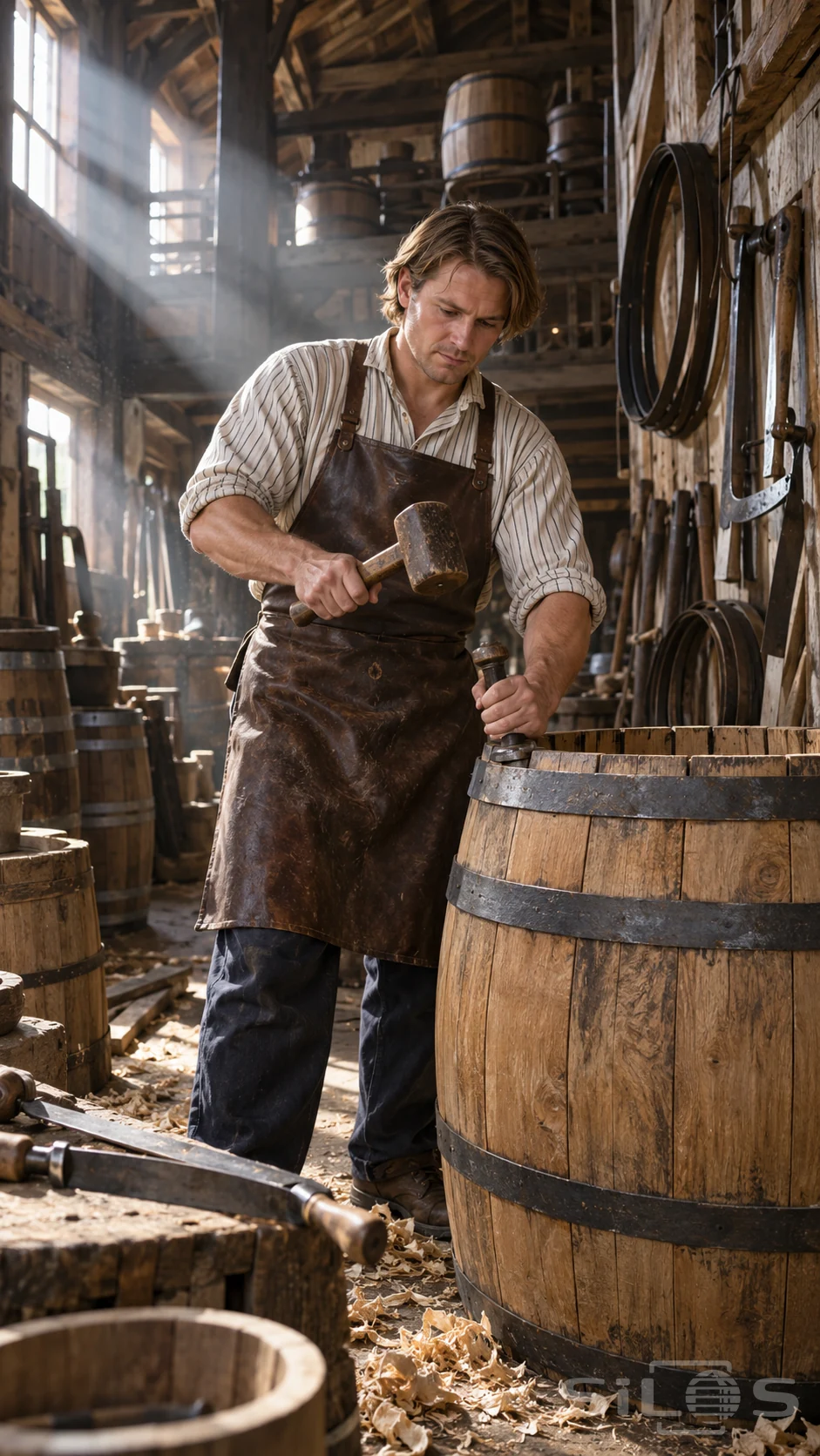 A cooper holds a driver against a barrel hoop with a wooden mallet ready above the curved oak staves.