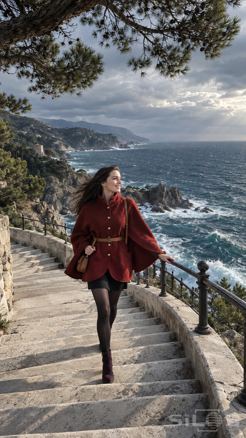 A woman in a belted red cape and purple boots walks along a cliff stair above a storm-blue sea.