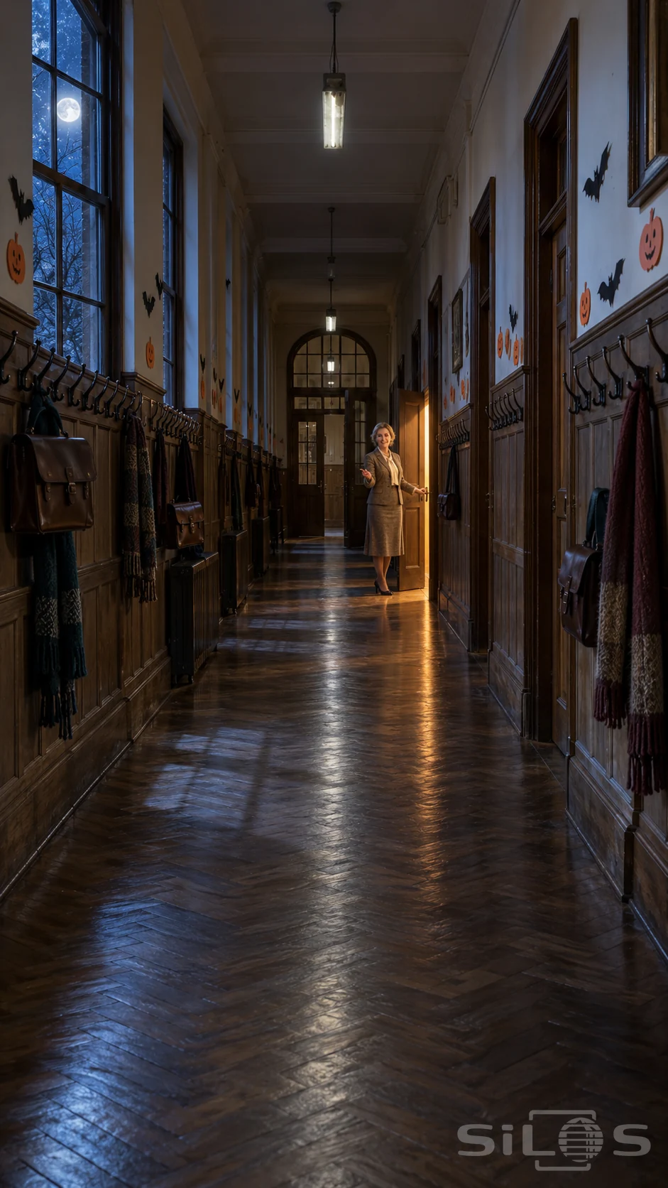 A headmistress in tweed beckons from a lit doorway beyond rows of coat hooks and paper Halloween decorations.