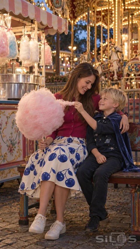 A cotton candy moment as a mother holds a pink sugar cloud and her son takes a small wisp beside a fairground cart.