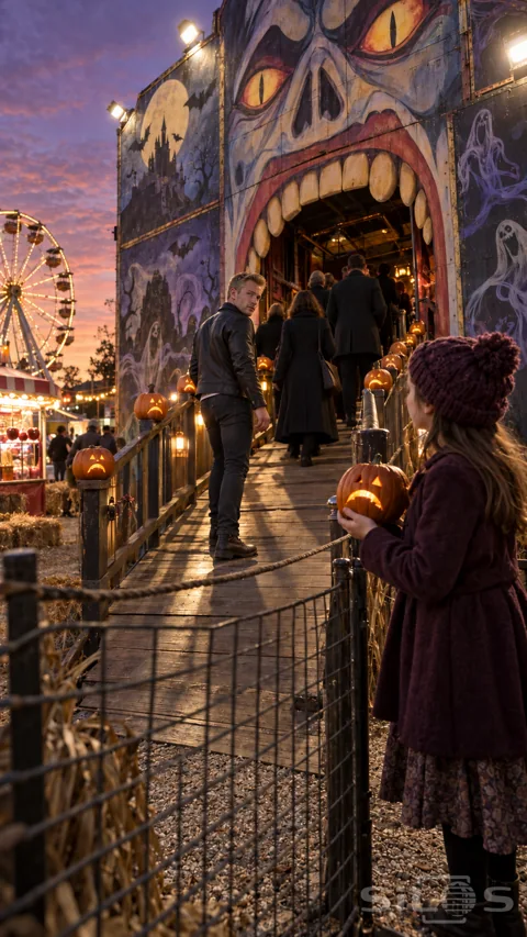 A girl in a plum coat holds a frowning pumpkin while a young man turns back on a carnival ghost-train ramp lined with frowning pumpkins.