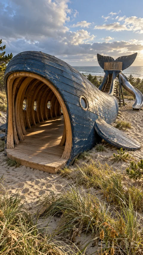 A giant blue wooden whale playground has an open ribbed interior; round windows and a raised tail lookout with a slide beside the sea.