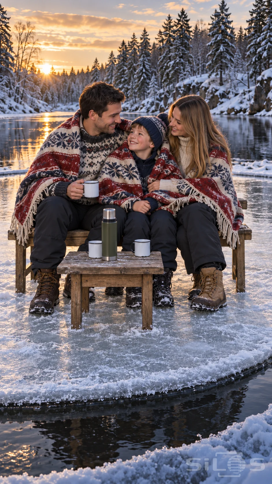An ice island family shares a woven blanket on a wooden bench, with winter tea and an arc of water around the circular ice disk.