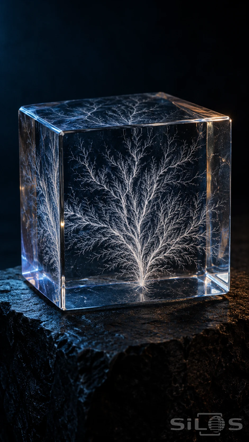 A Lichtenberg figure with pale branches inside a clear acrylic cube on a dark basalt base.