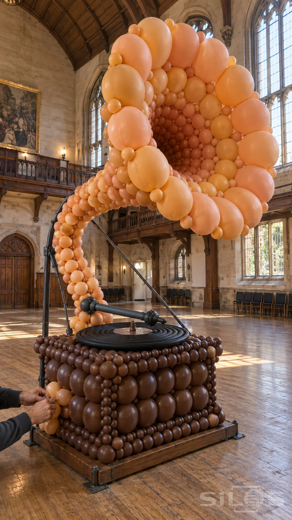 A giant peach balloon gramophone stands on a braced wooden plinth in a tall hall as a pair of hands ties the final balloon at its base.