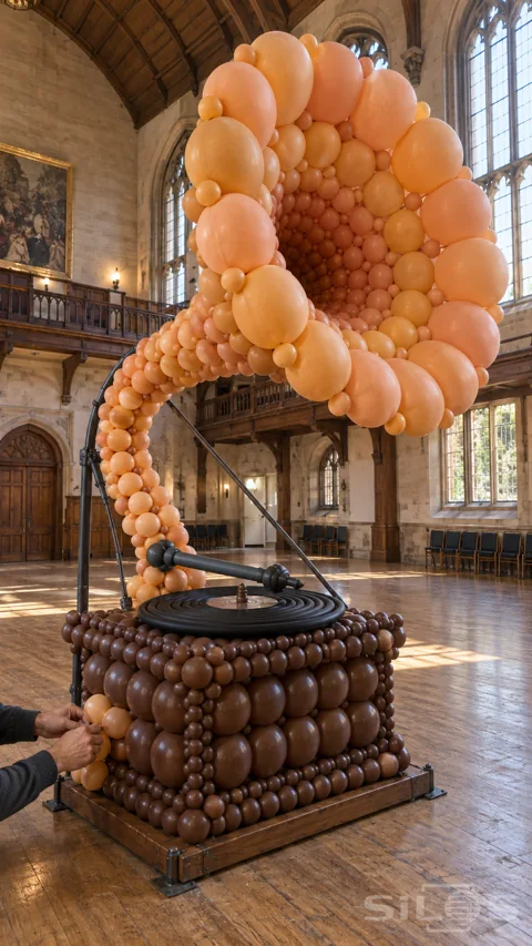 A giant peach balloon gramophone stands on a braced wooden plinth in a tall hall as a pair of hands ties the final balloon at its base.