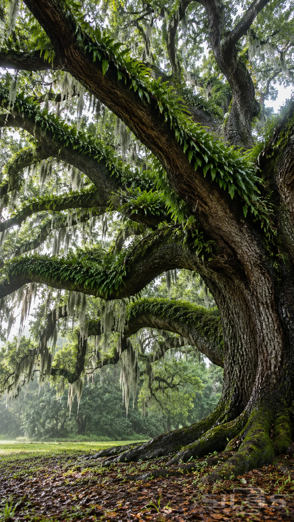 Resurrection fern covering live oak branches with Spanish moss above wet ground and a massive rooted trunk.