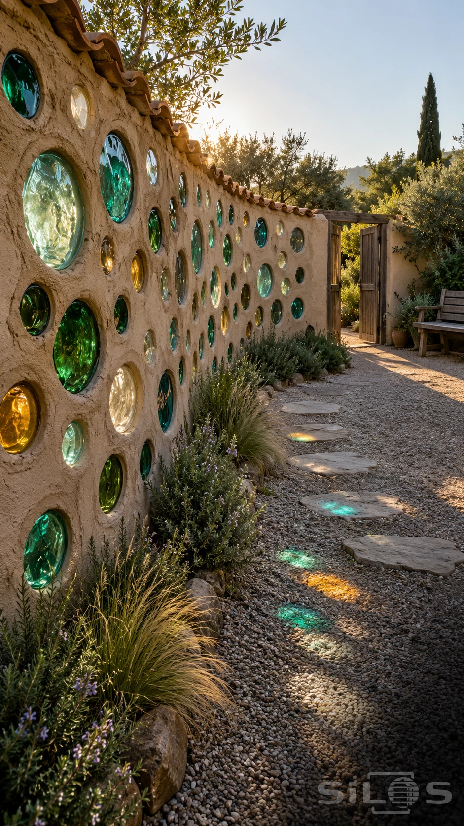 Green, turquoise, amber and clear glass circles fill a rough garden wall beside stepping stones, grasses and an open timber doorway.