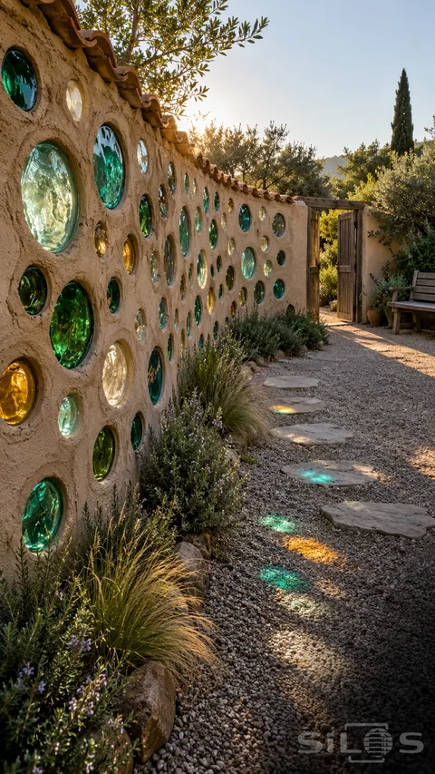 Green; turquoise; amber and clear glass circles fill a rough garden wall beside stepping stones; grasses and an open timber doorway.