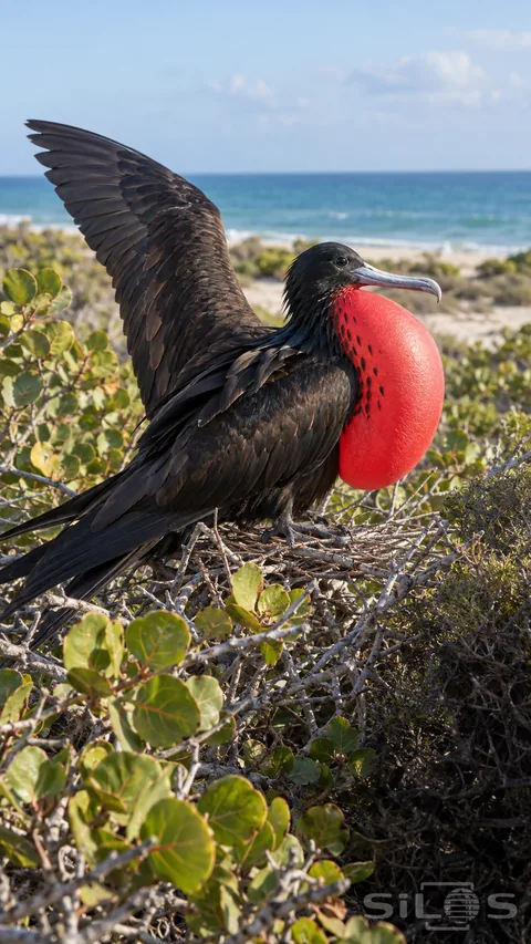 A frigatebird stands on a twig nest with one wing raised; a red throat pouch and a hooked gray bill beside coastal scrub.