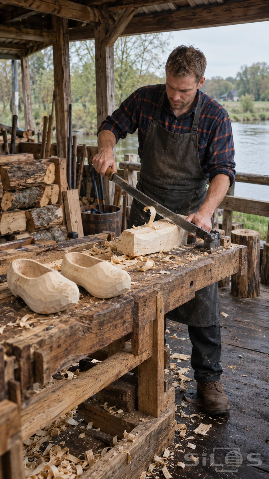 Maker works at wooden clog carving with a hinged knife on a log workbench in an open riverside shed.