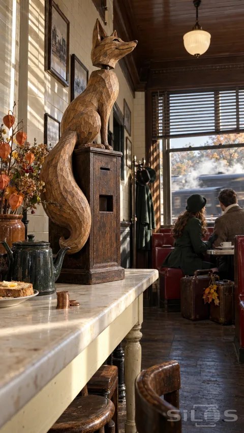 Tall carved wooden fox on an oak penny cabinet in a cream tiled station buffet; with a distant couple and train beyond.