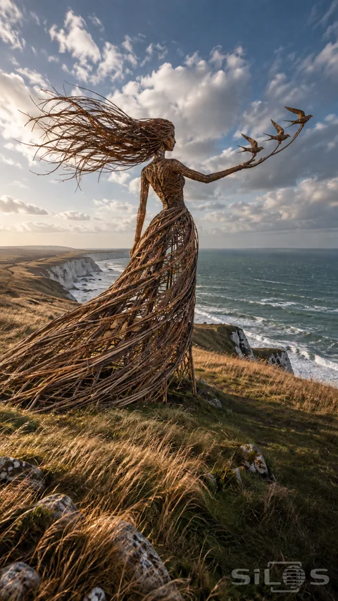 A woman-shaped willow sculpture with a trailing skirt and woven birds stands on grass above the sea.