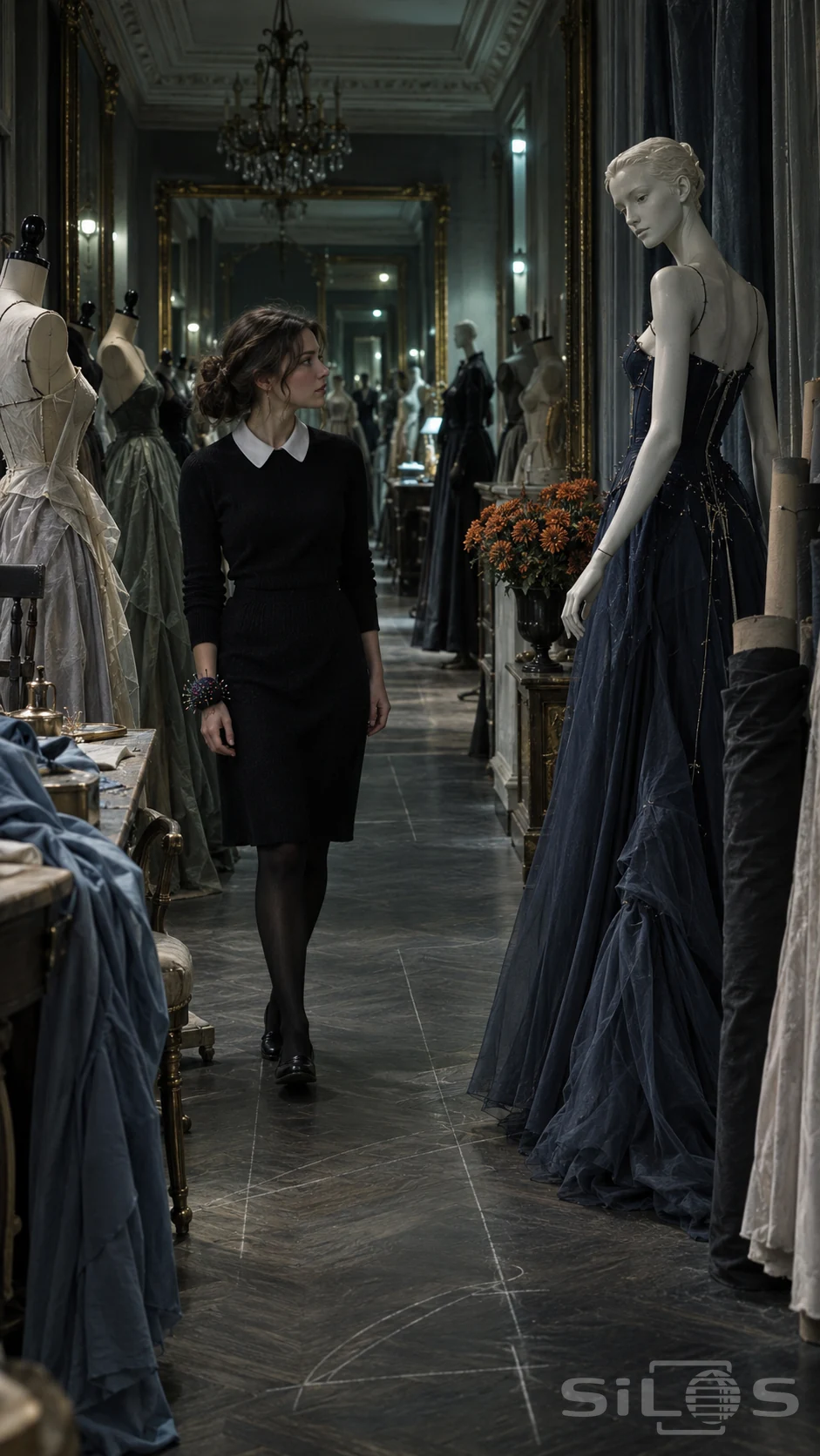 A woman in a black dress looks toward a blue-gowned mannequin in a dim couture salon lined with mirrors and unfinished gowns.