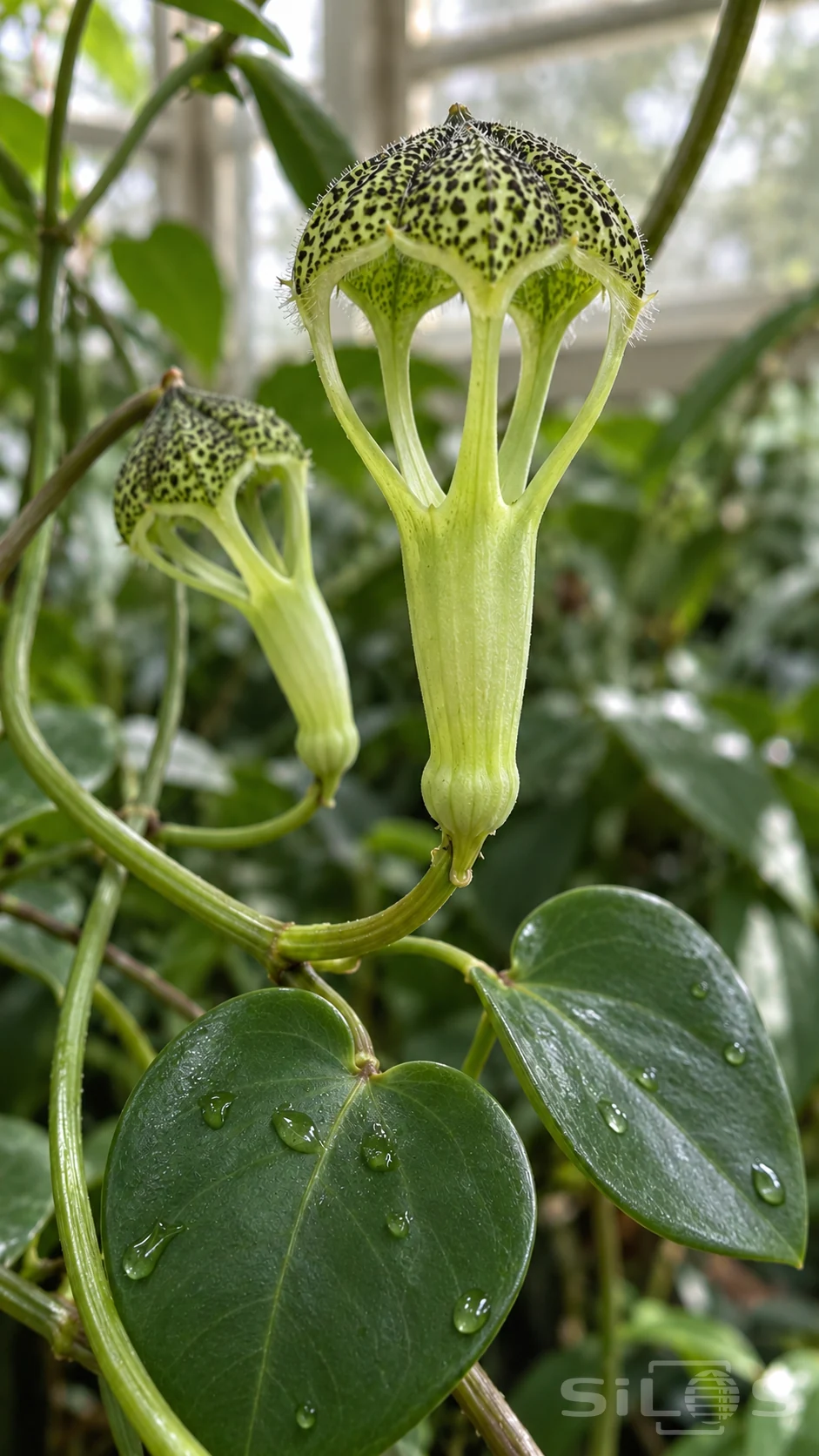 Two parachute flowers with a speckled canopy and arched openings grow above green heart-shaped leaves in a conservatory.