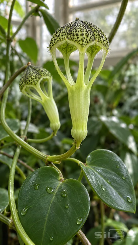 Two parachute flowers with a speckled canopy and arched openings grow above green heart-shaped leaves in a conservatory.