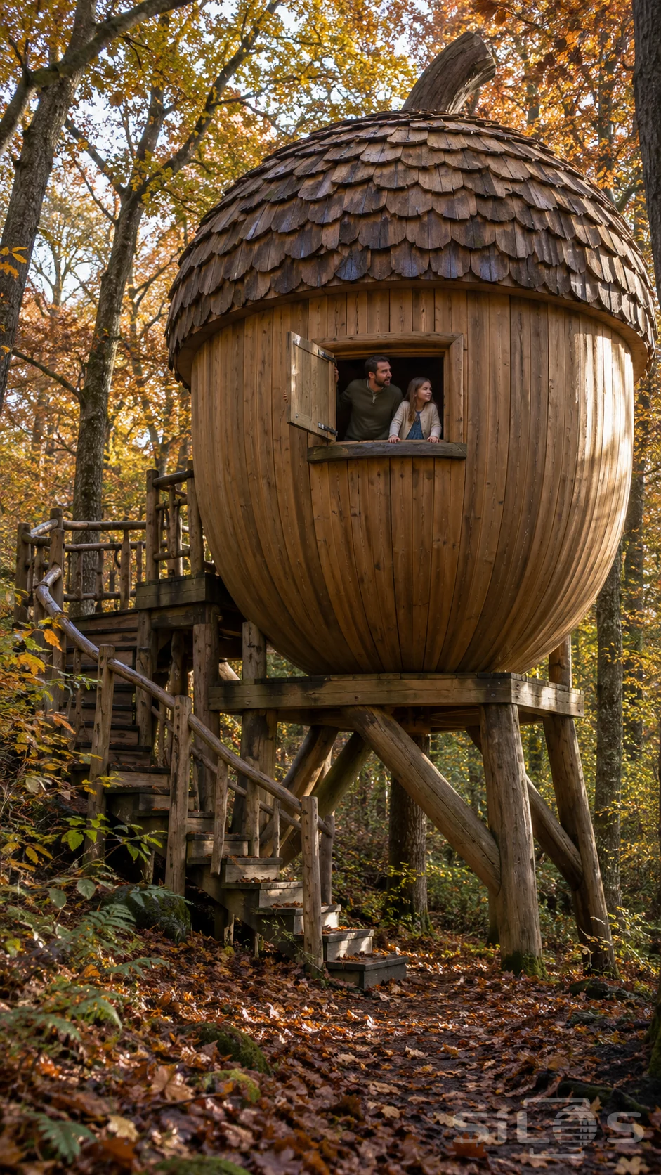 A father and long-haired daughter share the open window of a giant wooden acorn lookout on a braced woodland platform.