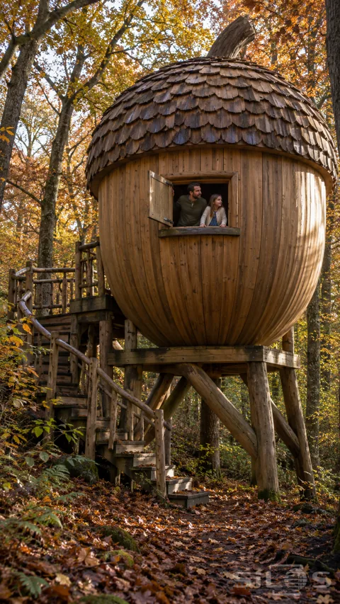 A father and long-haired daughter share the open window of a giant wooden acorn lookout on a braced woodland platform.