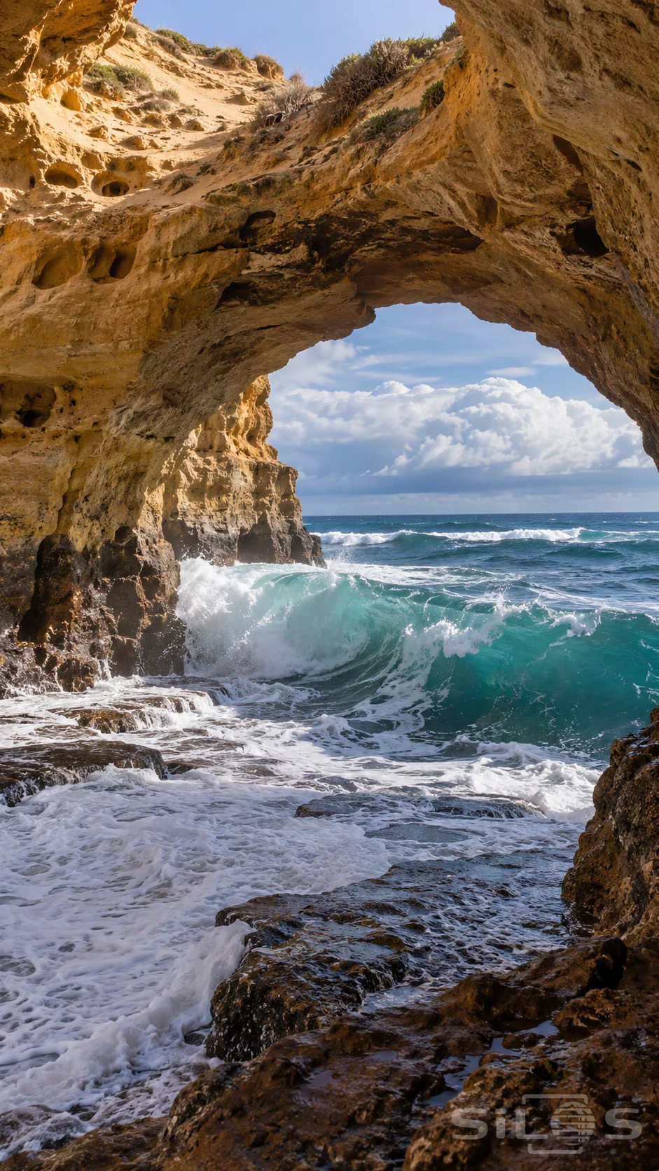 A turquoise sea surge and white foam fill a honeycombed sandstone window beneath a grassy coastal arch.