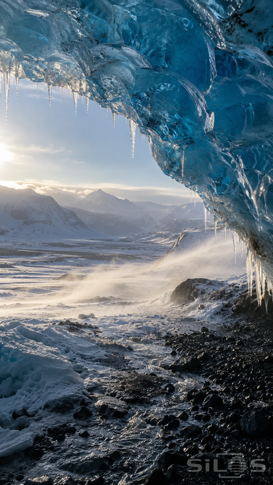 A scalloped blue ice cave mouth and hanging icicles frame a snowy valley, with windblown snow and a dark wet gravel foreground.